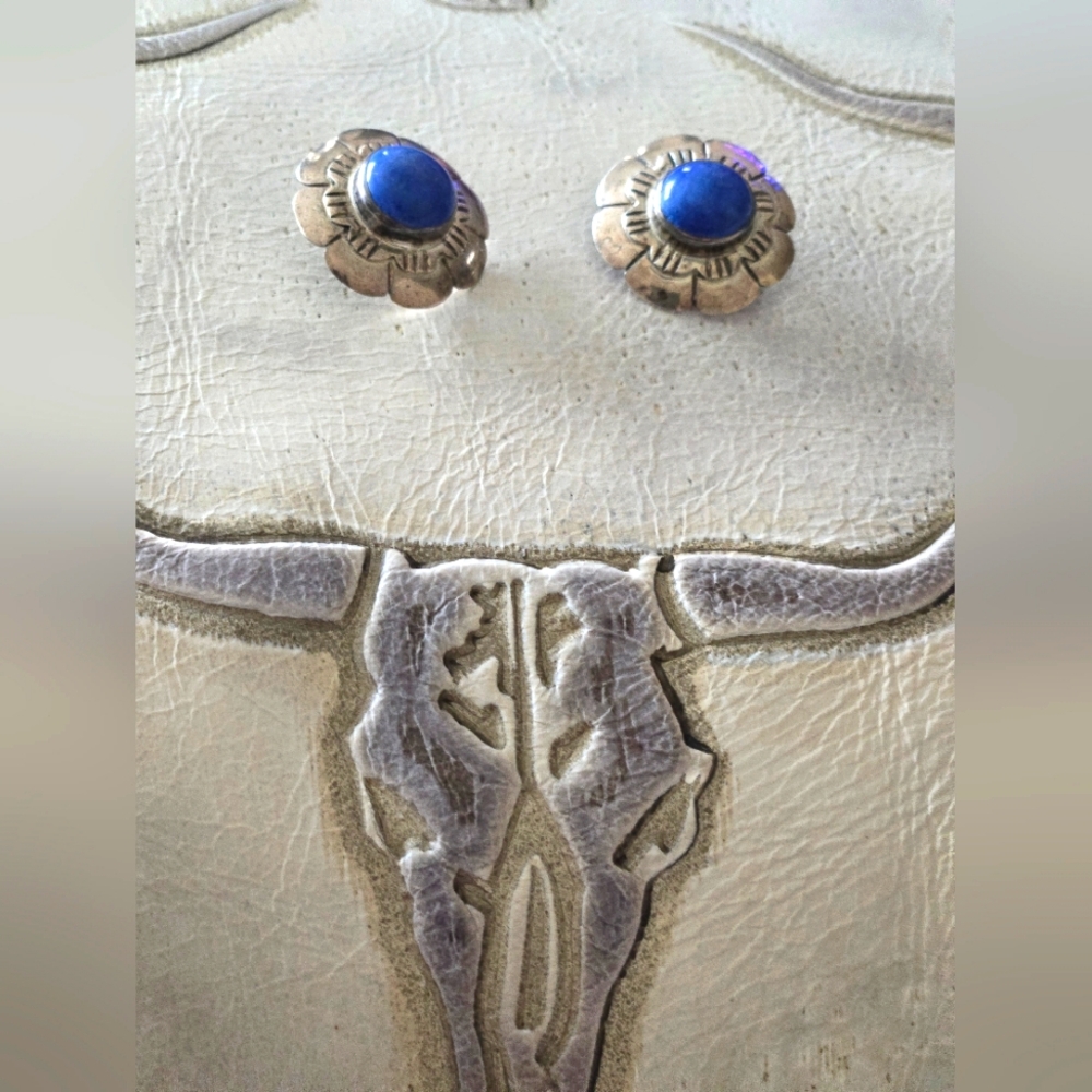 JEEP COLLINS HANDMADE Southwestern Floral Lapis Lazuli CLIP ON Earrings STERLING
